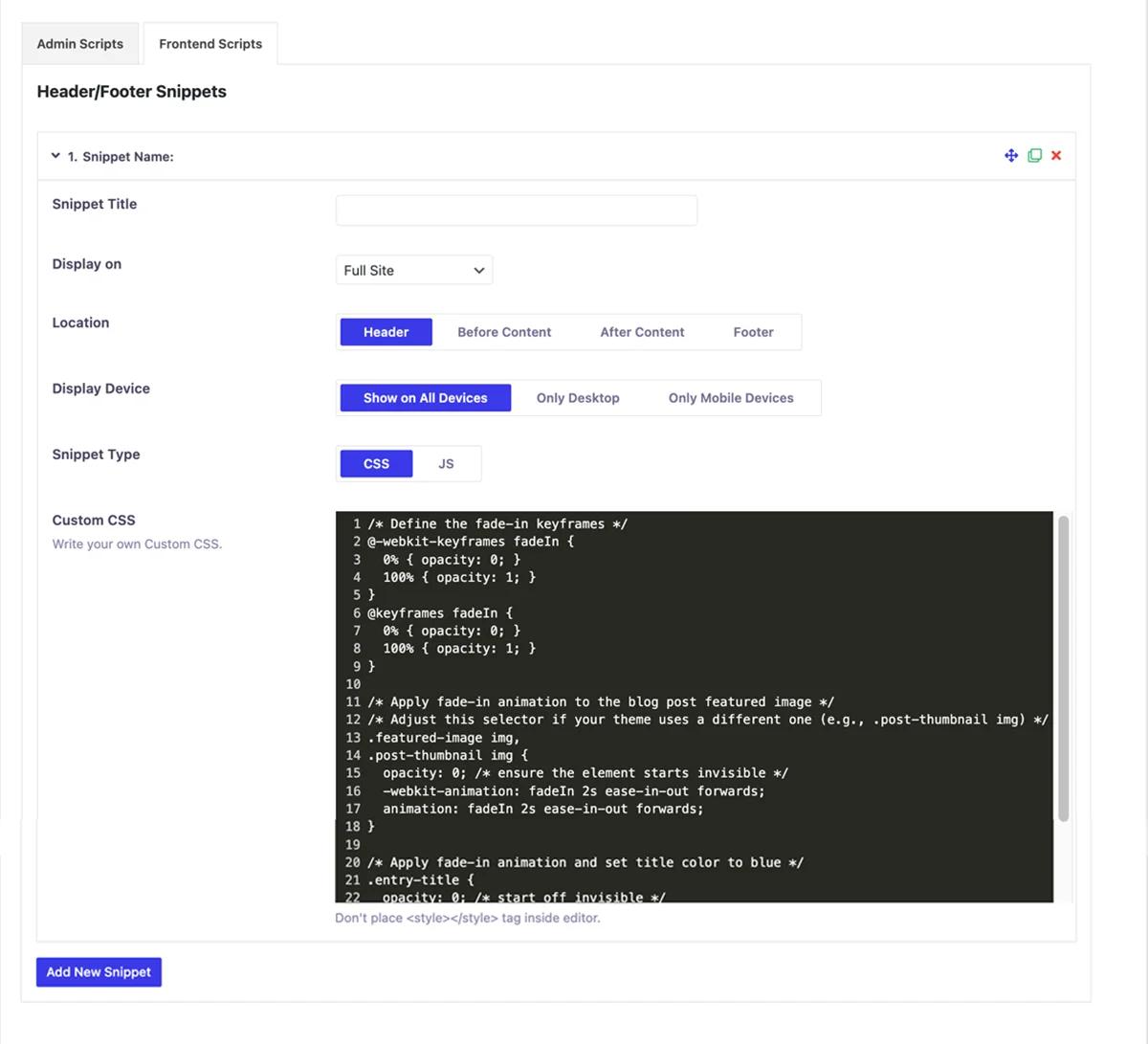 Custom Header footer scripts for WordPress website